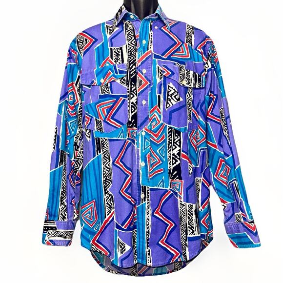 VTG 90s Wrangler Frontier Series Shirt Mens LG Collared Colorful Abstract Rodeo - Picture 1 of 8